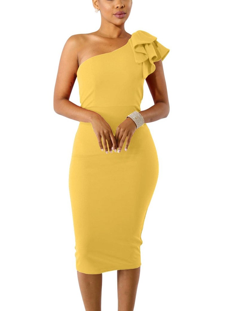 Mokoru Women's Sexy Ruffle One Shoulder Bodycon Elegant Cocktail Party Midi Dresses, Small, Dark Yellow - Image 2